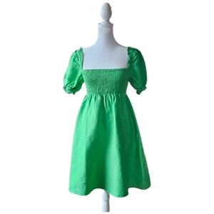 House Of Harlow Linen  Kelly Green Smocked Short Puffy Sleeve Dress Size S